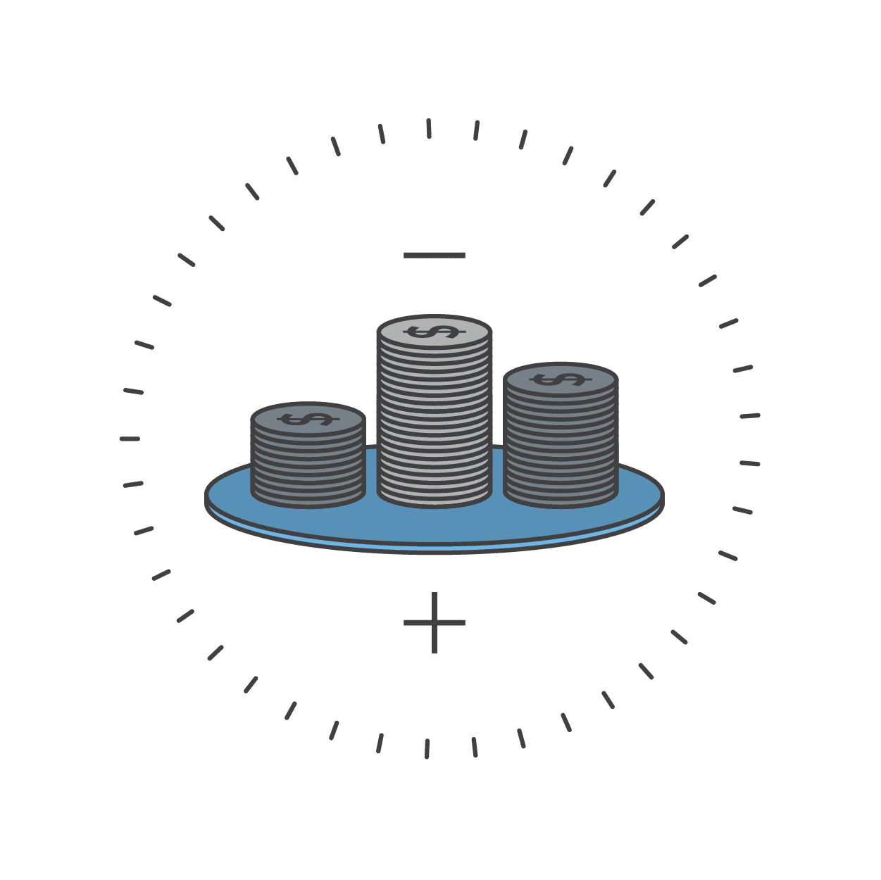 coins on surface with plus and minus signs icon