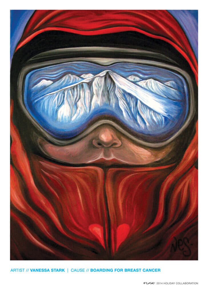 art collab image - face with ski goggles reflecting mountains painting