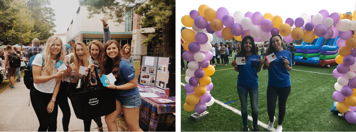 Excited college students holding Amazon promo items