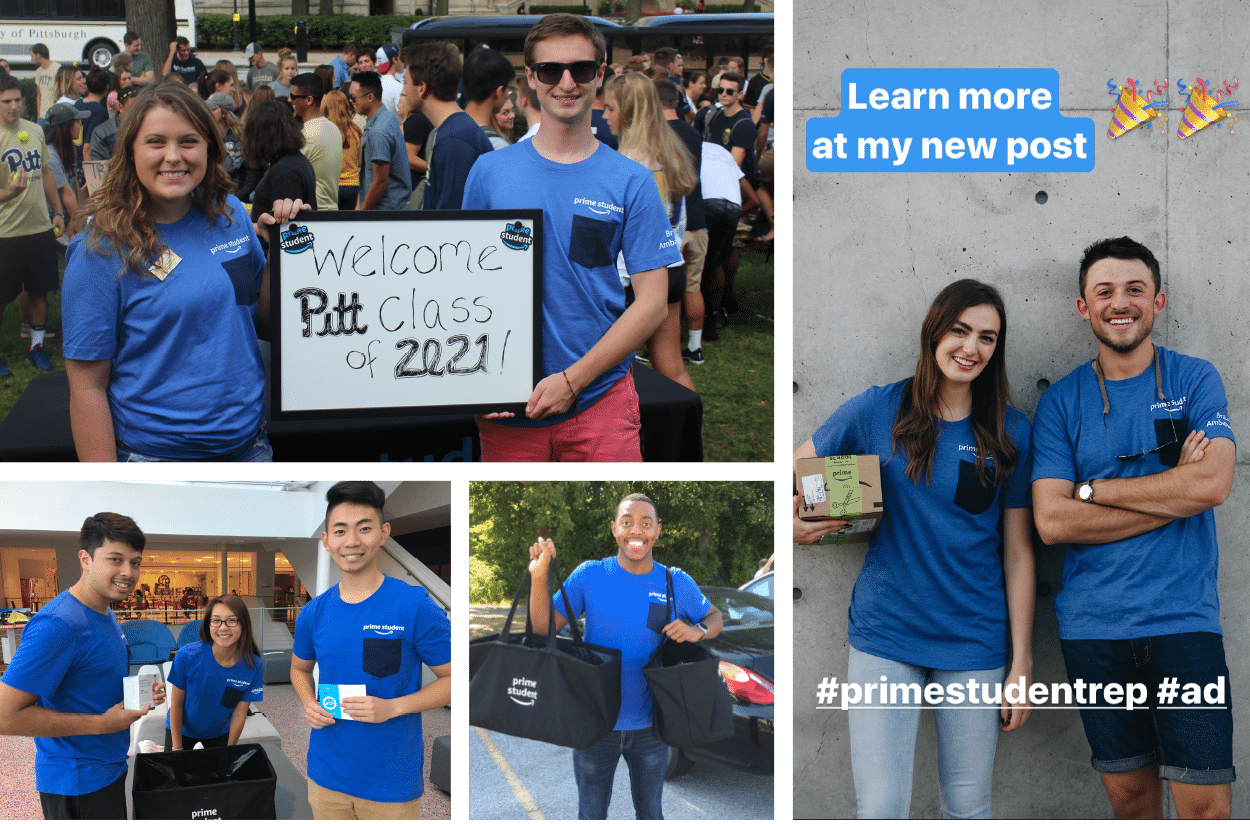 Excited collge studets wearing Amazon t-shirts