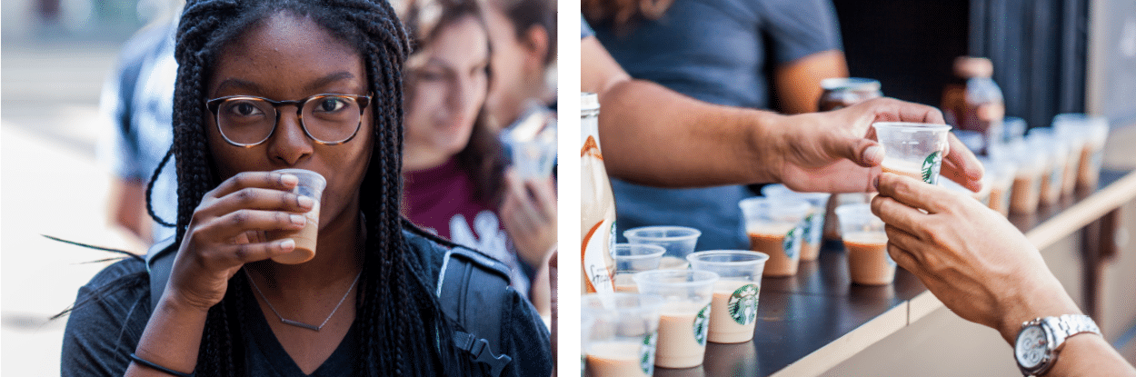 woman drinking starbucks at event and cups of samples