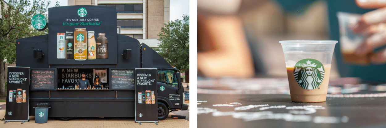 Starbucks logoed promo vehicles and sampling cup of Starbucks products