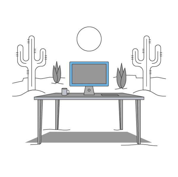 desk and computer in front of cactus icon
