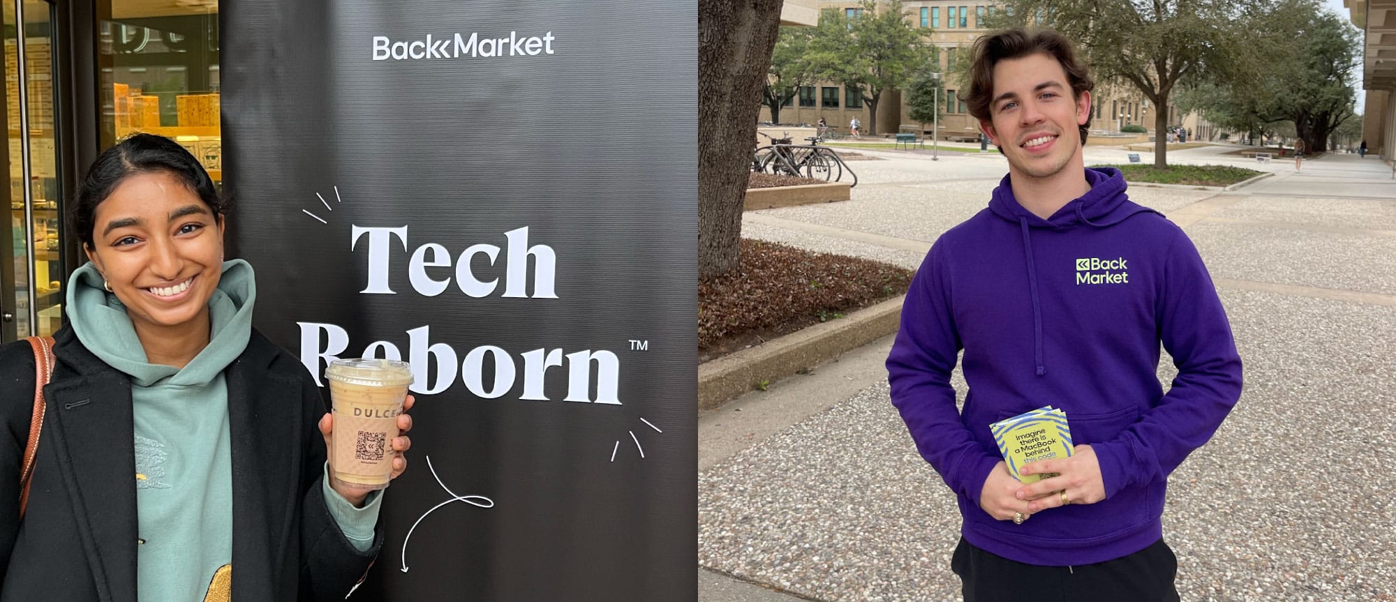 A young woman and man with Back Market marketing materials